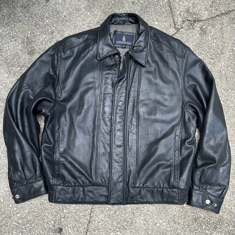 Vtg London Fog Mens Black Leather Bomber Jacket Size L Full Zip Quilted Lining